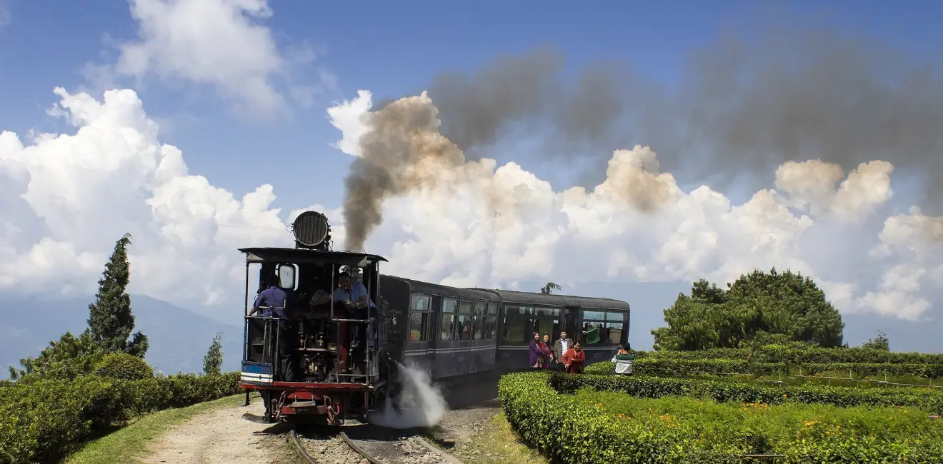 Darjeeling Himalayan Railway toy train travelling through the hill landscape.